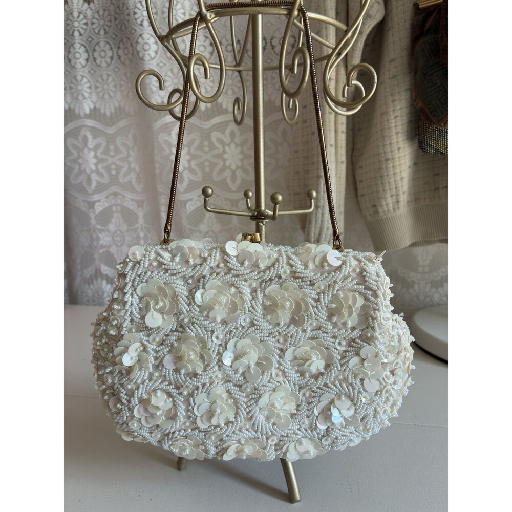 Vintage Mister Ernest Ivory Beaded Sequin Floral Clutch Shoulder Bag 50s 60s
